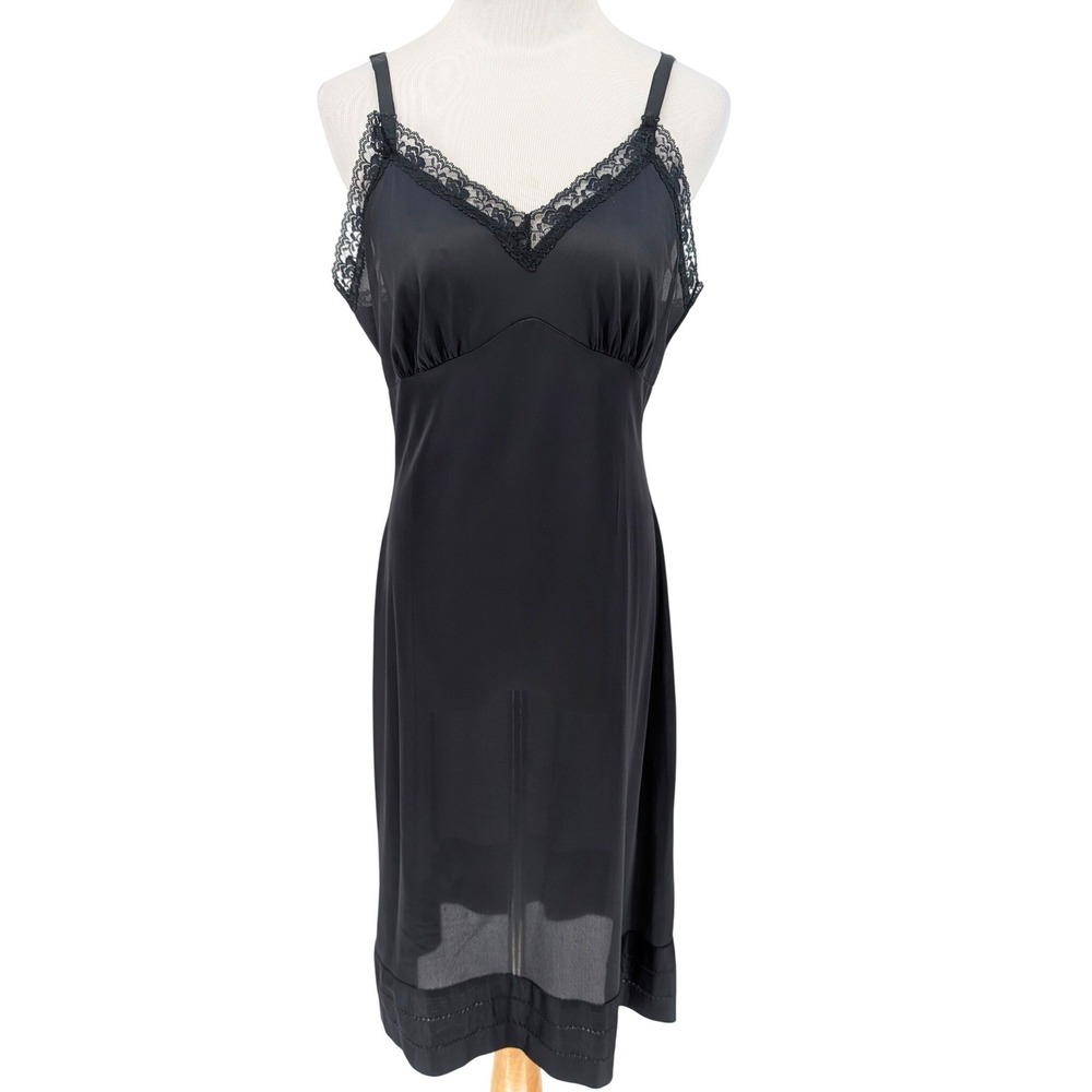 VTG 80s Lingerie Midi Slip Dress S Black Lace Fairy Grunge Gothic Dark Coquette - Picture 2 of 11